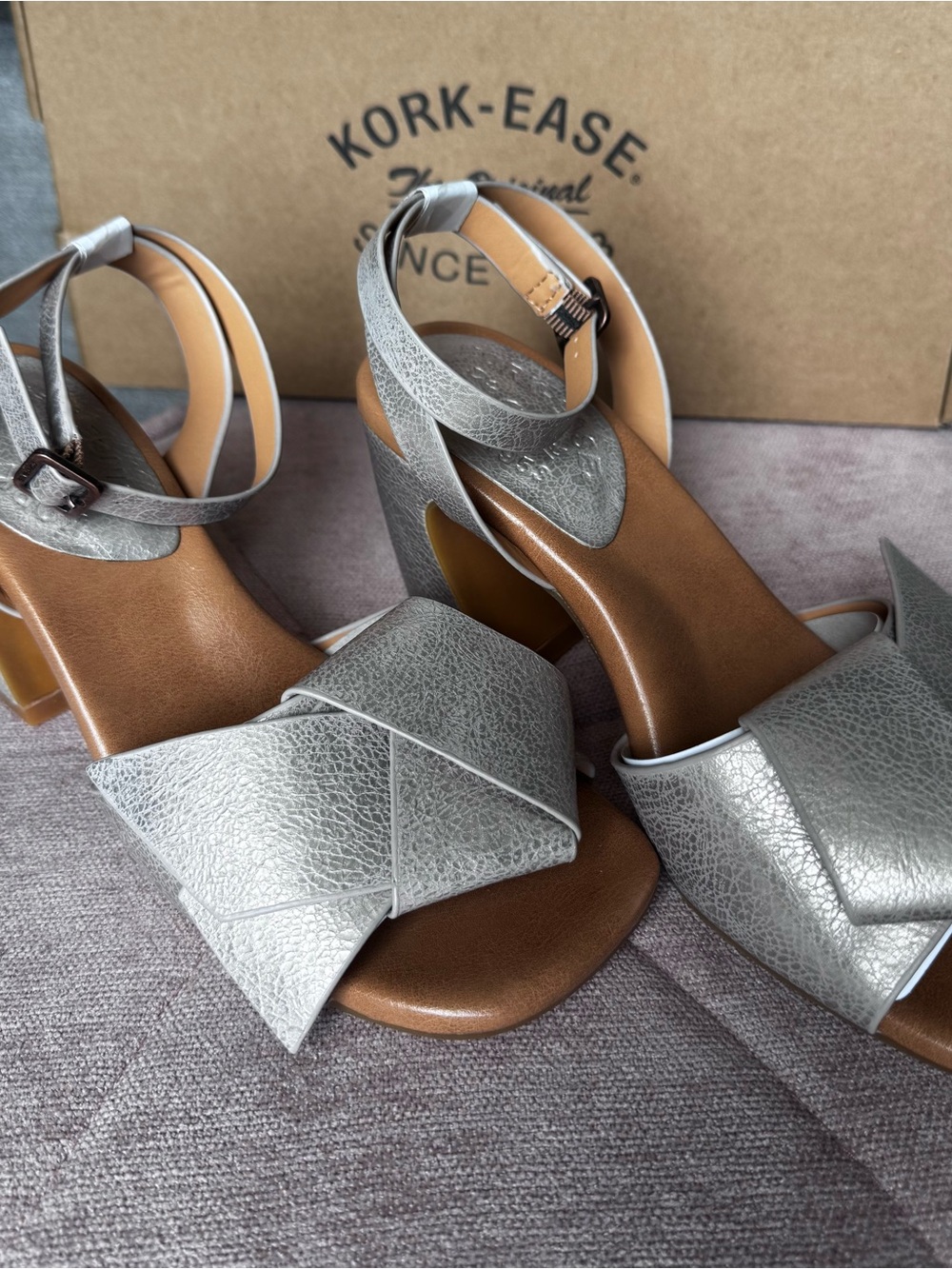 Kork-Ease Silver Crinkle Leather Cross-Front Ankle Strap Heels
